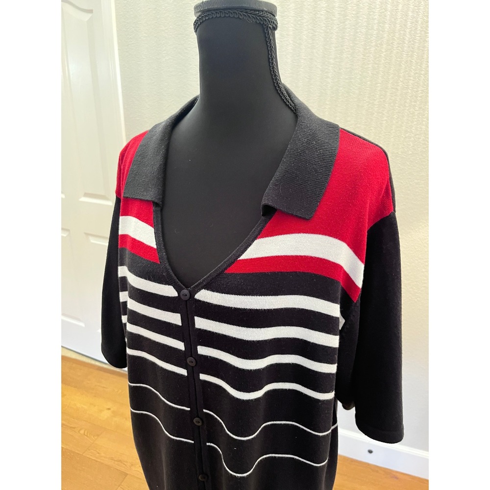 Vintage 90s Short Sleeve Knit Polo Sweater 2X Red Black Striped Cardigan Shirt
